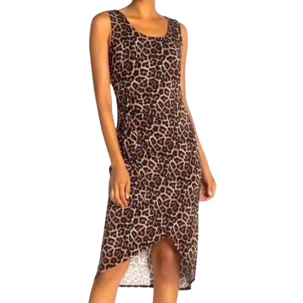T Tahari Leopard Bodycon Tank Dress Size L Tulip Hem Mobwife Midi NWT
